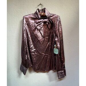 Ryegrass Womens Rose Gold Neck Bow Blouse Long Sleeve Mock Neck Medium New